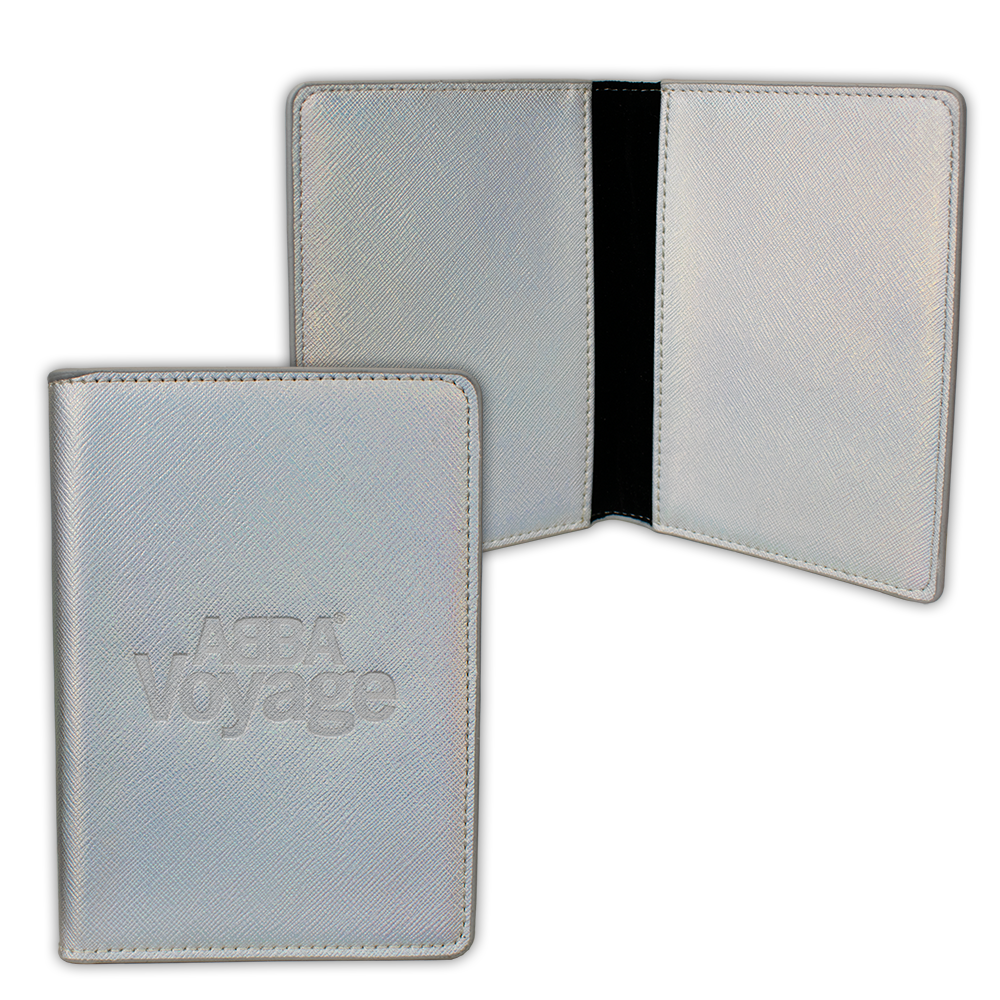 White leather passport holder with embossed logo from ABBA Voyage Travel Gift Set